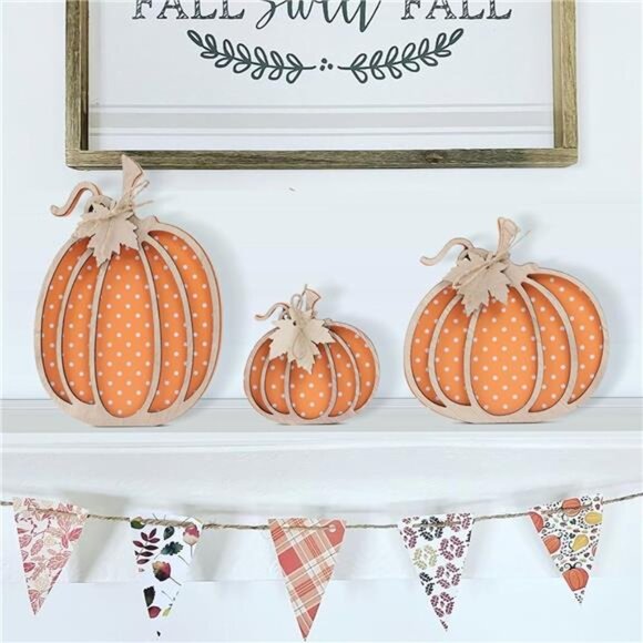 Wooden Autumn Pumpkin Fall Decor - Set of 3 Pumpkins for Shelf, Mantel, Table - Picture 4 of 7